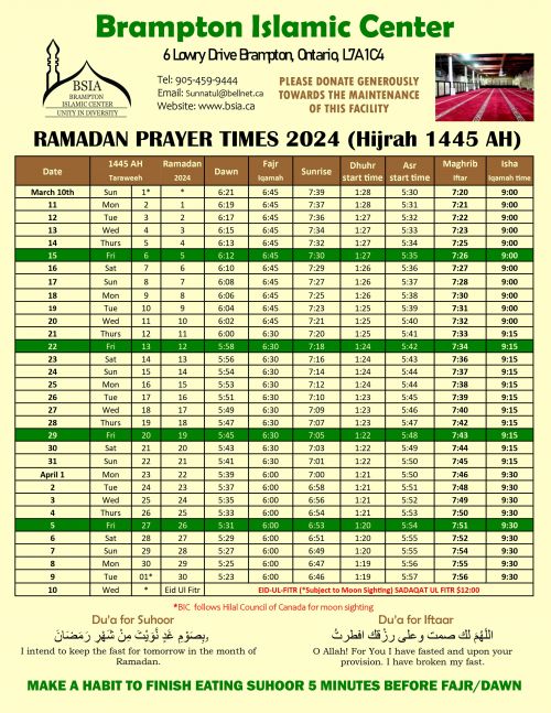 BSIA Ramadan 2024 Prayer Timing Schedule